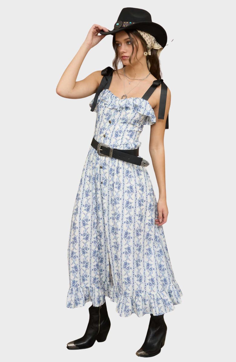 Blu Pepper Tie Strap Ruffle Midi Dress, Alternate, color, Blue Multi