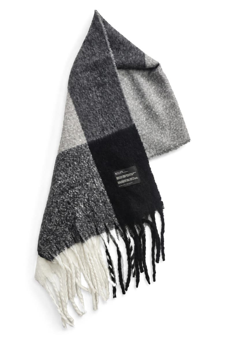 Plaid Fringe Scarf, Alternate, color, GREY