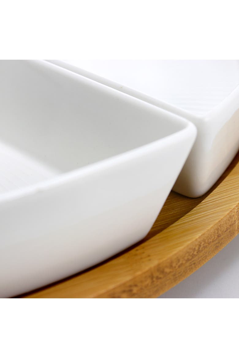 12 1/4 Inch 6-Piece Lazy Susan Appetizer and Condiment Server Set with 5 Serving Dishes and a Wood Lazy Suzan Serving Tray, Alternate, color, White