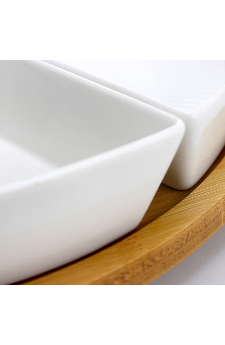 Elama Signature 12 1/4 Inch 6-Piece Lazy Susan Appetizer and Condiment Server Set with 5 Serving Dishes and a Wood Lazy Suzan Serving Tray, Alternate, color, White