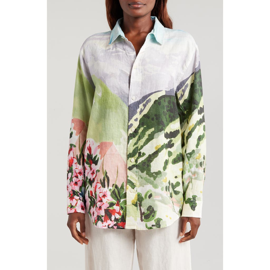 Desmond & Dempsey Landscape Linen Pajama Button-Up Shirt in Hutte Placed Multi