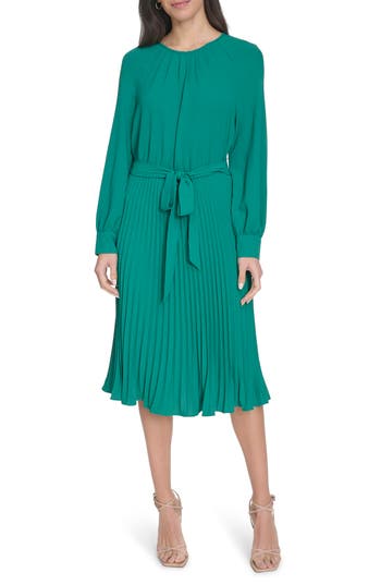Shop Calvin Klein Aerowash Long Sleeve Pleated Midi Dress In Meadow
