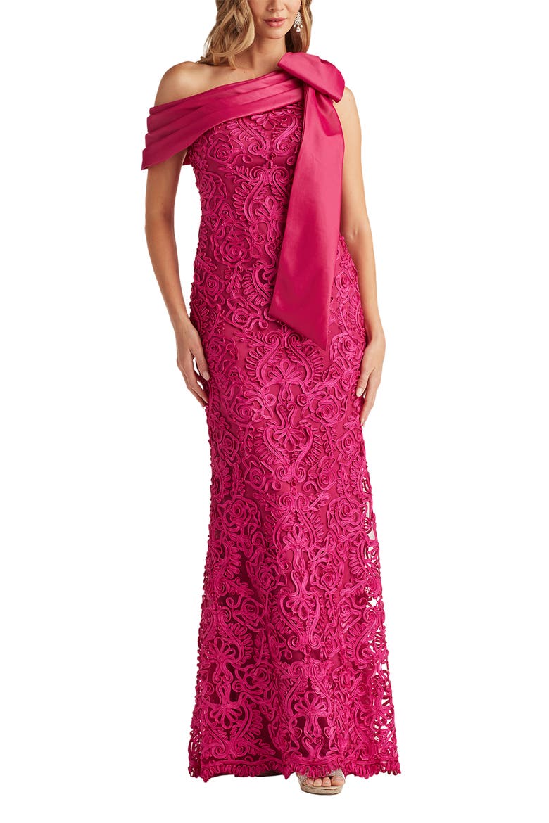 Bow Detail Soutache Lace One-Shoulder Gown, Main, color, HIBISCUS