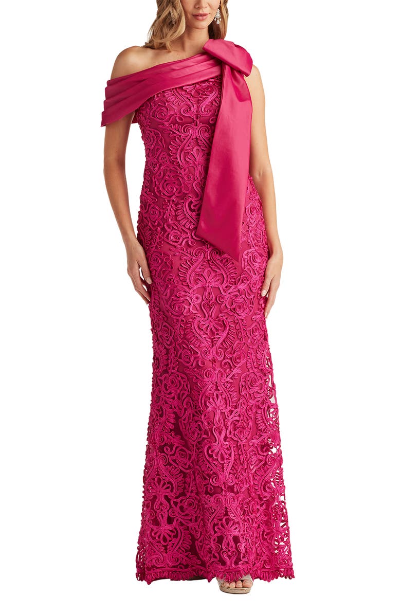 Tadashi Shoji Bow Detail Soutache Lace One-Shoulder Gown, Main, color, Hibiscus