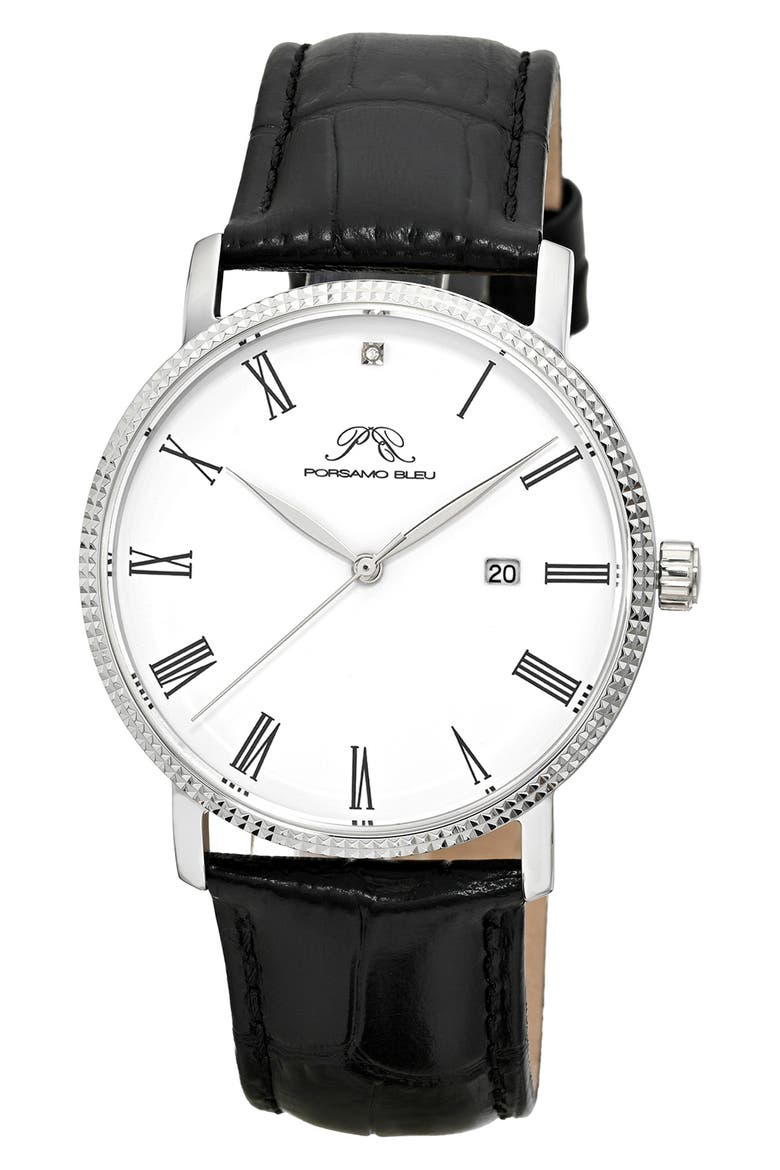Veritas 1 Croc Embossed Leather Strap Watch, 40mm, Main, color, SILVER