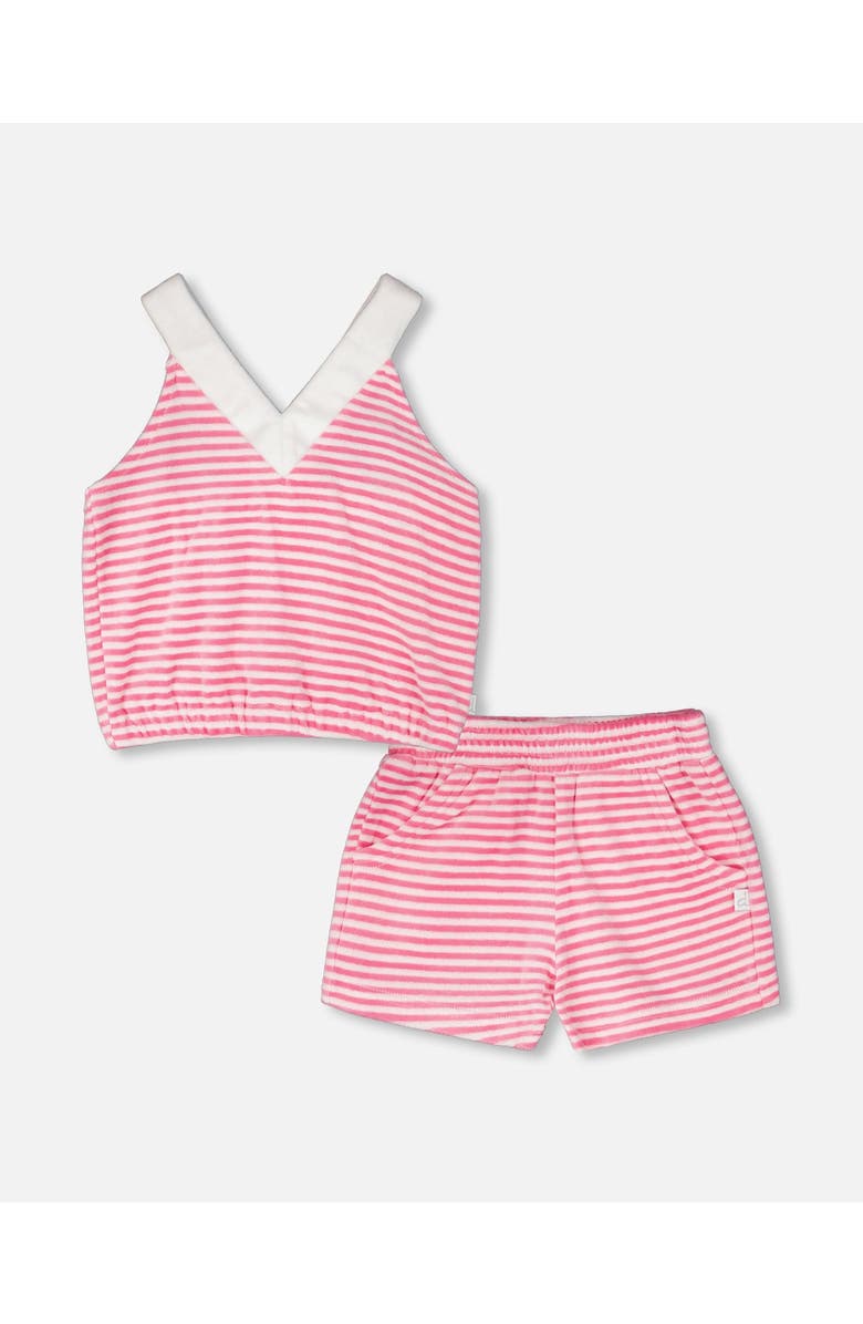 Deux par Deux Striped Terry Cloth Top and Short Set, Main, color, White With Pink Print