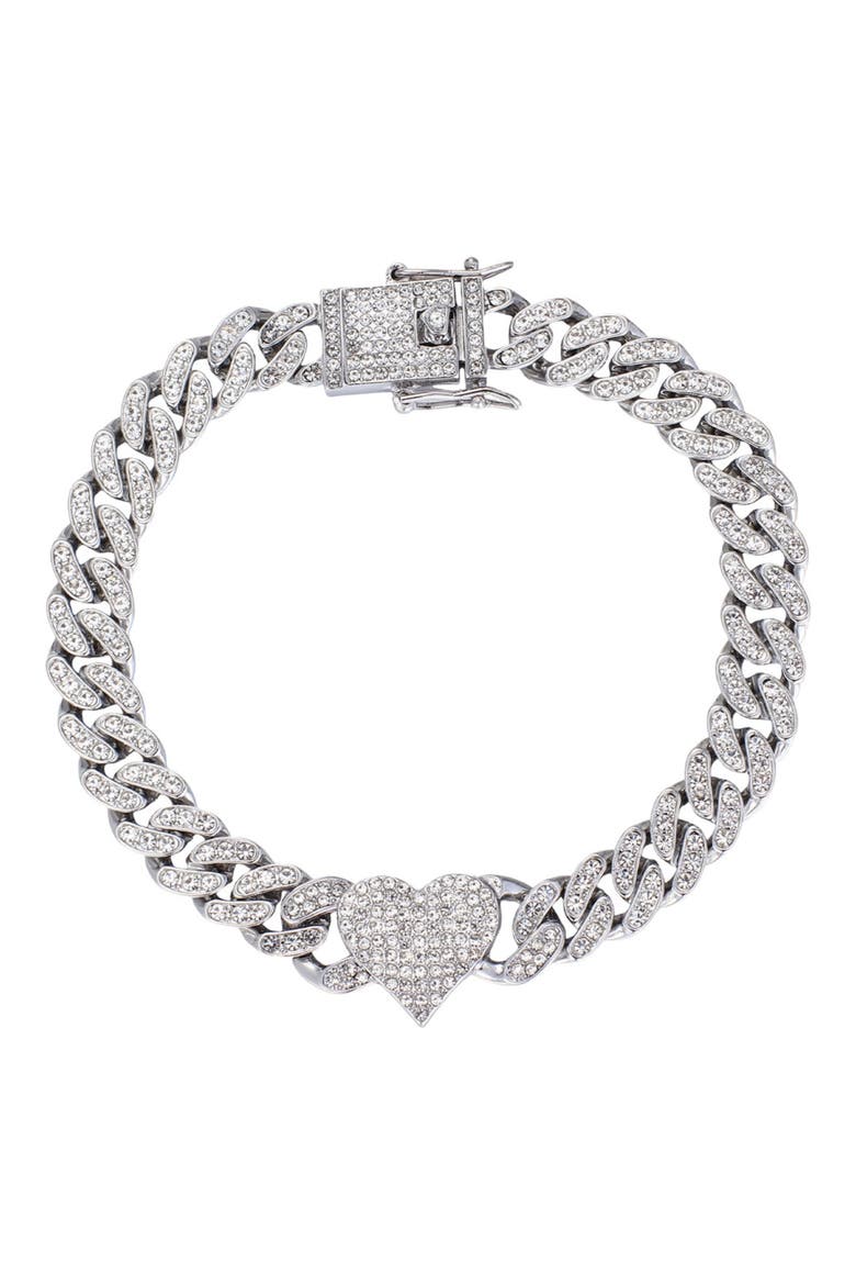 Pavé Cubic Zirconia Heart Curb Chain Anklet, Main, color, SILVER
