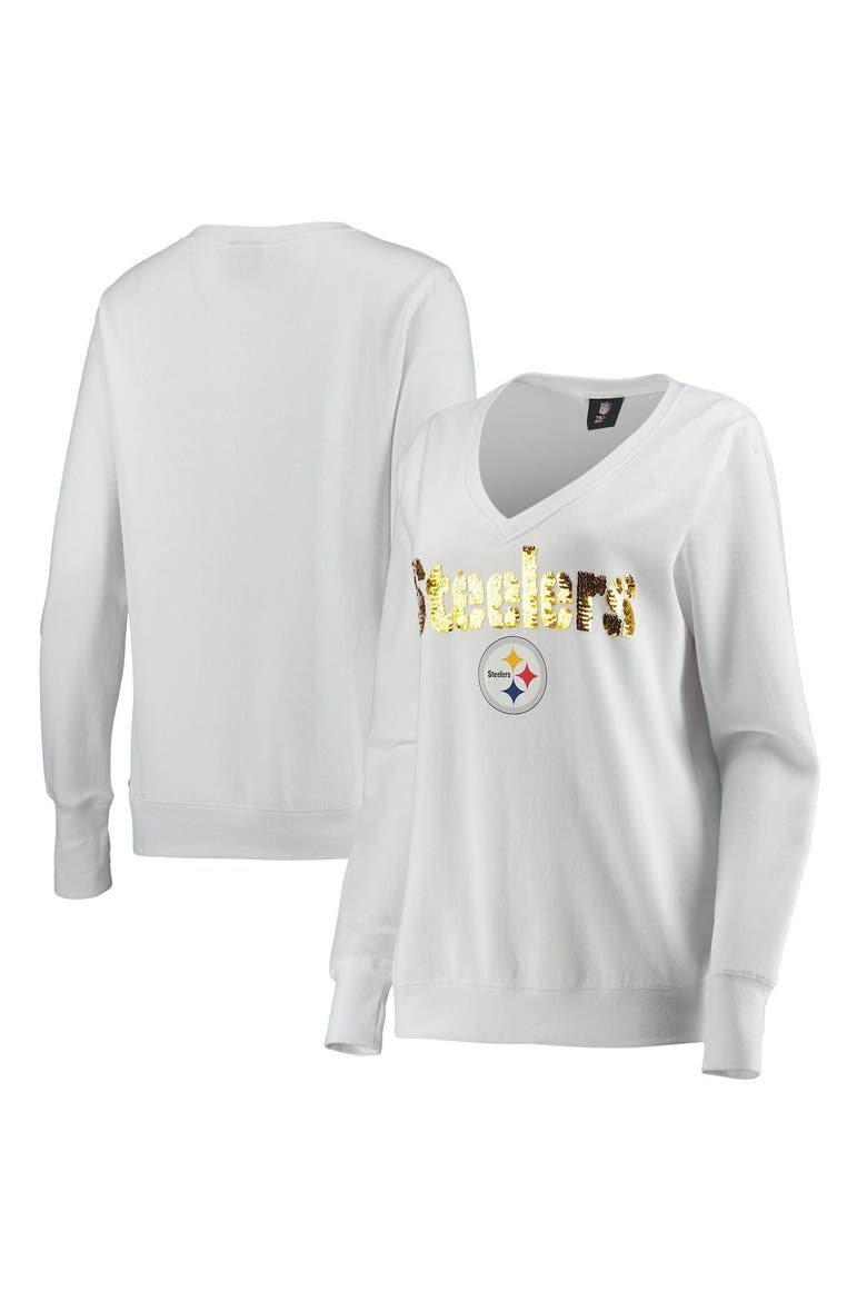 Women's Cuce White Pittsburgh Steelers Victory V-Neck Pullover Sweatshirt, Main, color, White