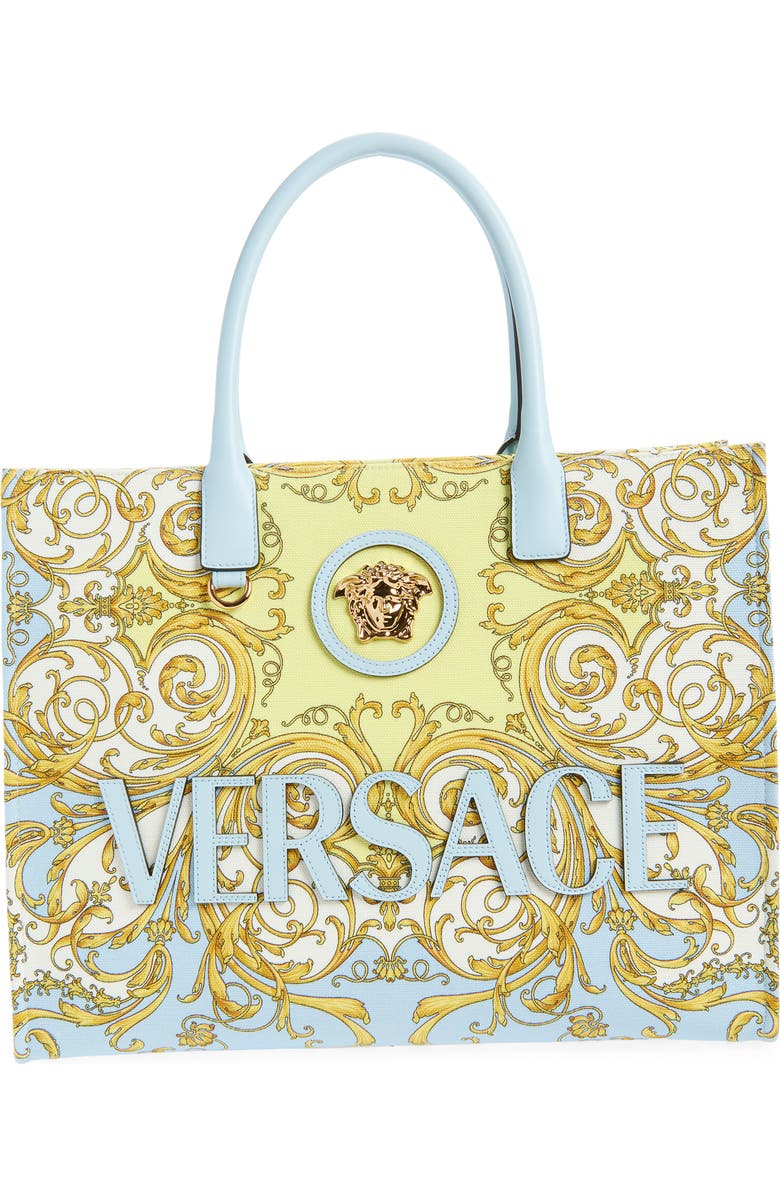 Versace Large La Medusa Print Canvas Tote, Main, color, Pastel Blue Gold