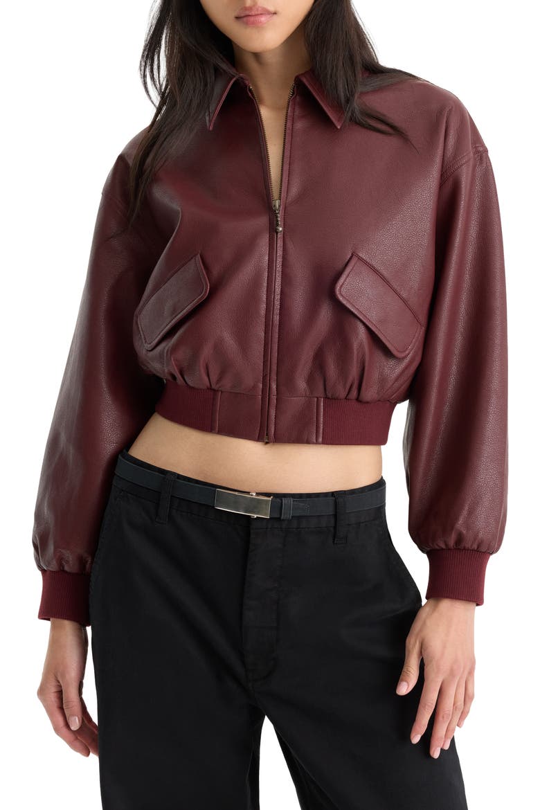 Better Than Leather Cropped Faux Leather Bomber Jacket, Main, color, BERRY NOIR