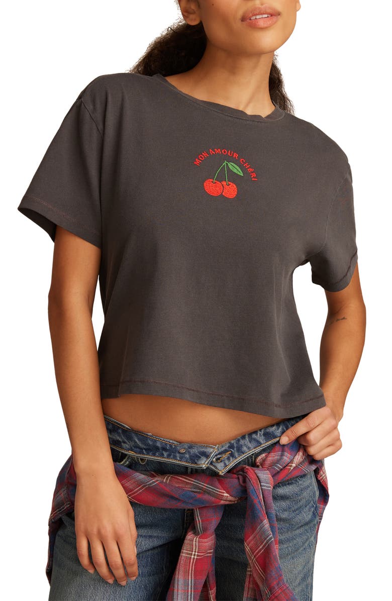 Lucky Brand Mon Chéri Embroidered Crop T-Shirt, Main, color, After Dark