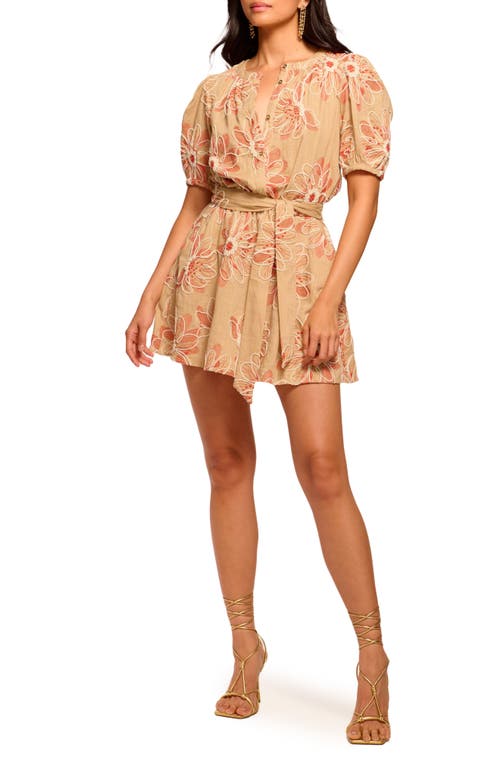 Shop Ramy Brook Selby Belted Floral Embroidered Puff Sleeve Minidress In Natural Fleur