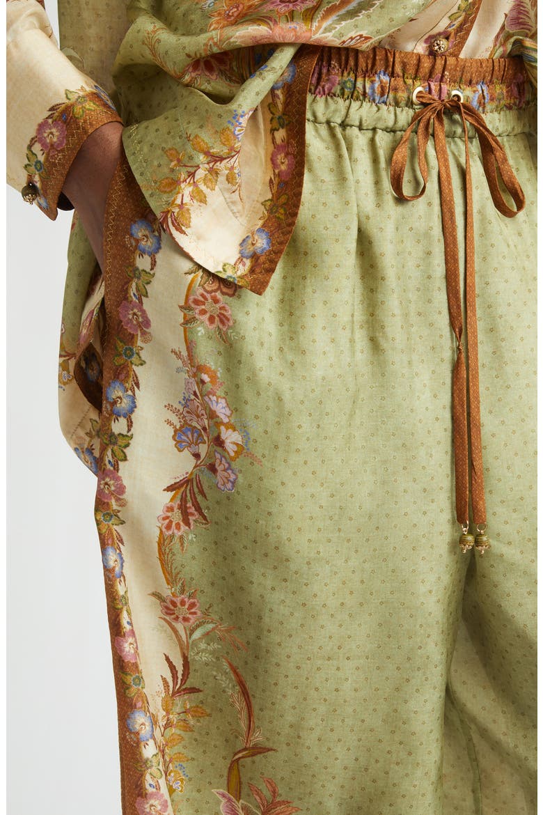 Indra Border Print Relaxed Silk Wide Leg Pants, Alternate, color, KHAKI SCARF FLORAL