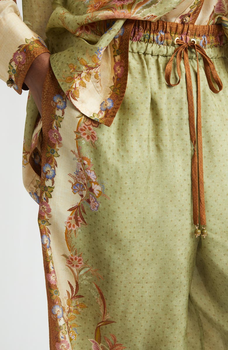 Zimmermann Indra Border Print Relaxed Silk Wide Leg Pants, Alternate, color, Khaki Scarf Floral