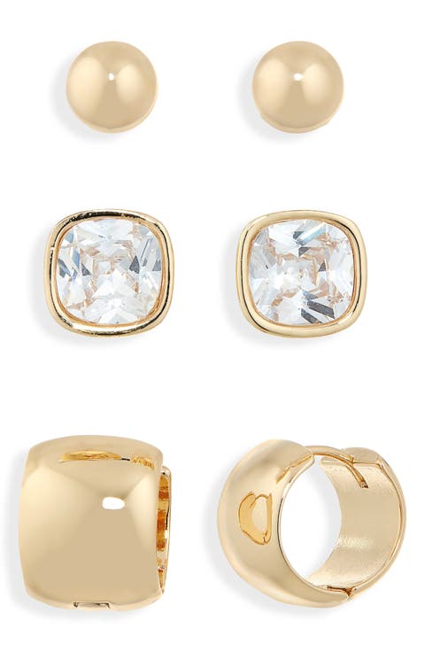 Set of 3 Cubic Zirconia Stud & Huggie Hoop Earrings