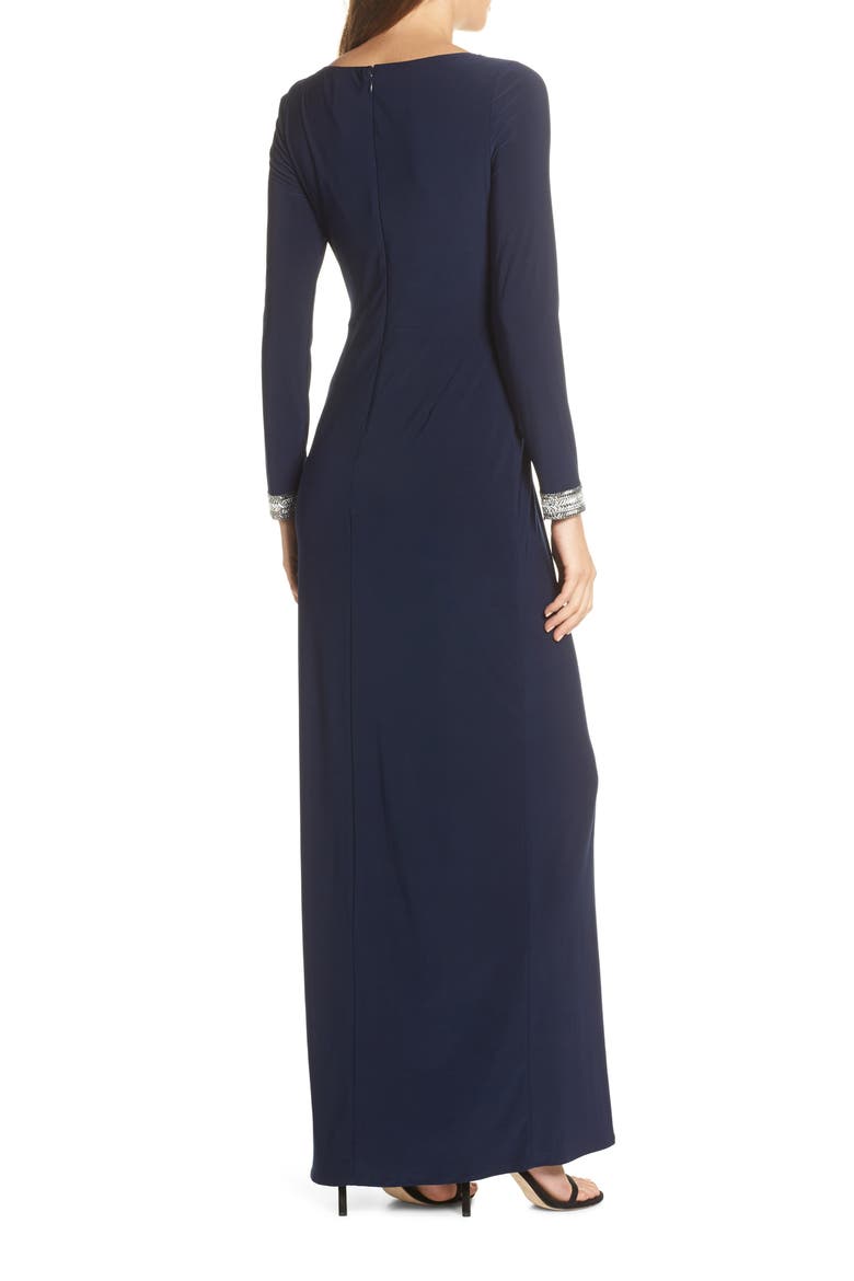 Beaded Cuff Ruched Jersey Gown, Alternate, color, NAVY