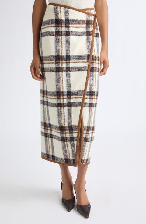 Leia Plaid Faux Leather Trim Wrap Midi Skirt