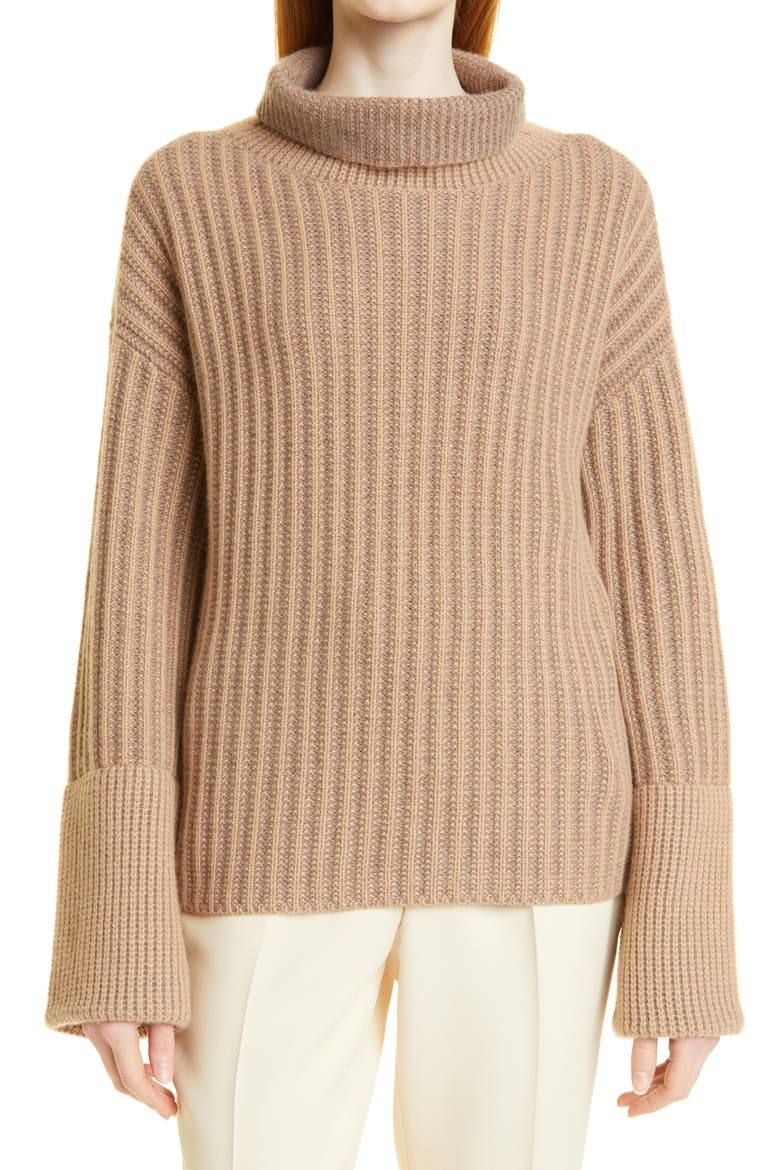 Ribbed Turtleneck Cashmere Sweater, Main, color, CAMEL TONAL COMBO