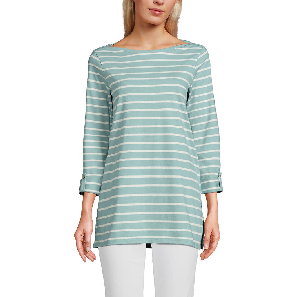 Lands' End Supima Cotton Adjustable 3/4 Sleeve Boatneck Tunic In Misty Aqua/ivory Breton Stripe