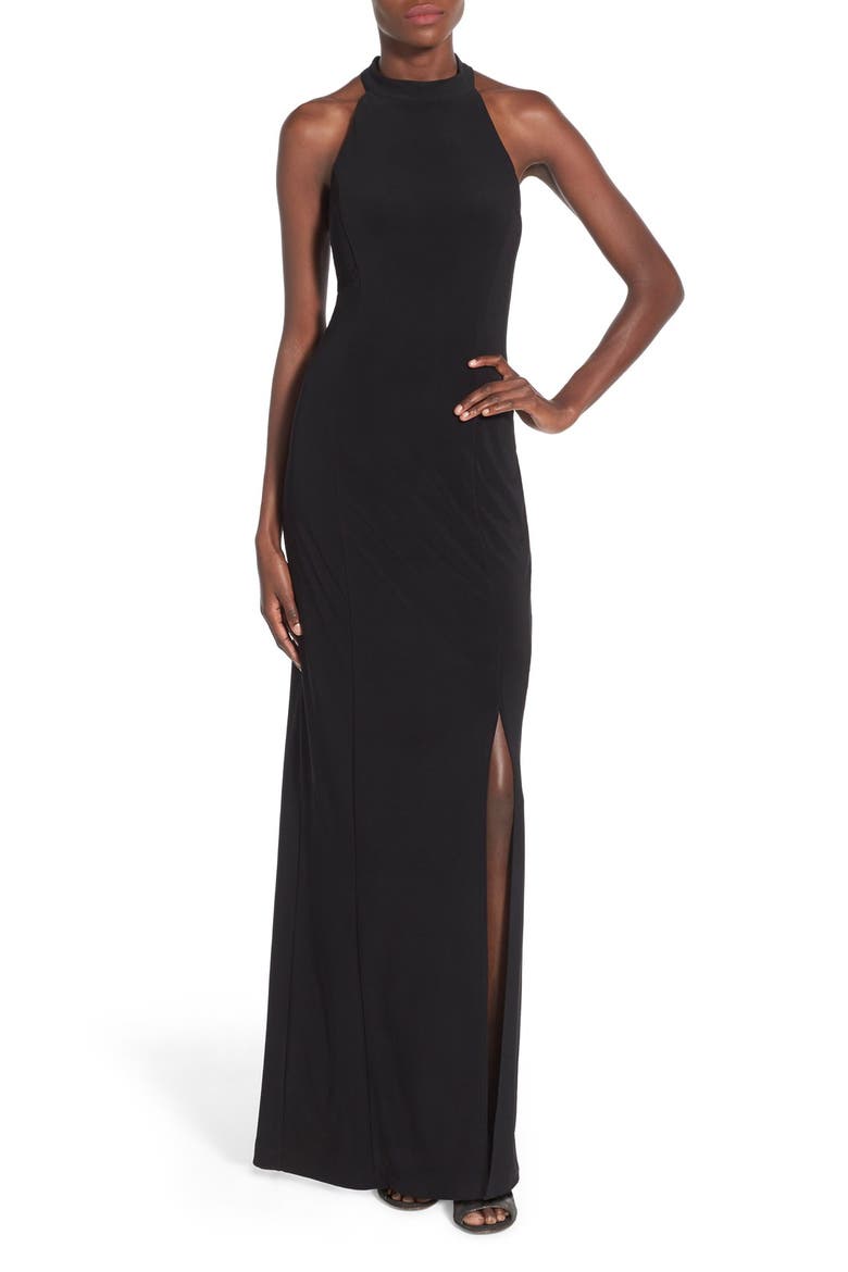 'Bree' Beaded Back Gown, Main, color, BLACK