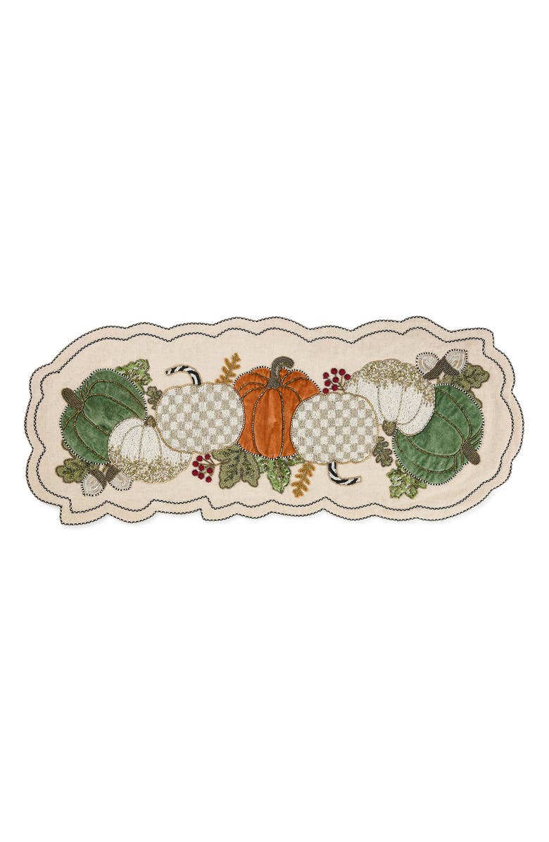 MACKENZIE CHILDS Mocha Check Pumpkin Beaded Table Runner, Main, color,