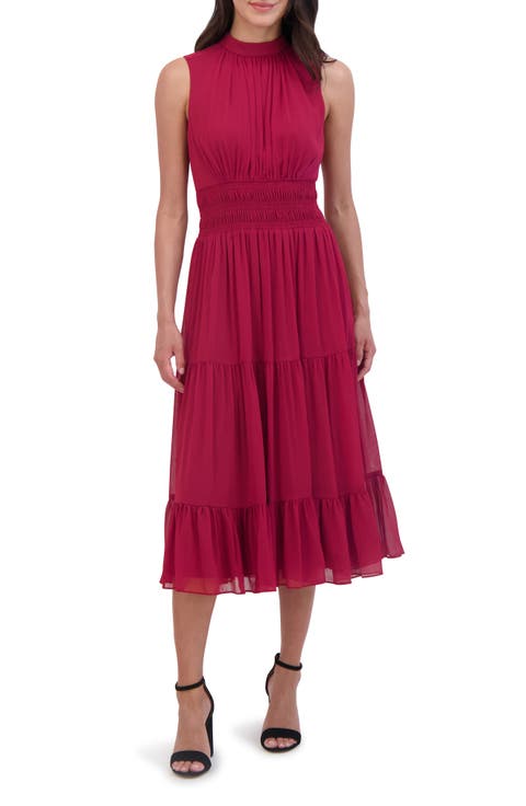 Shirred Waist Sleeveless Tiered Midi Dress