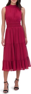 Vince Camuto Shirred Waist Sleeveless Tiered Midi Dress