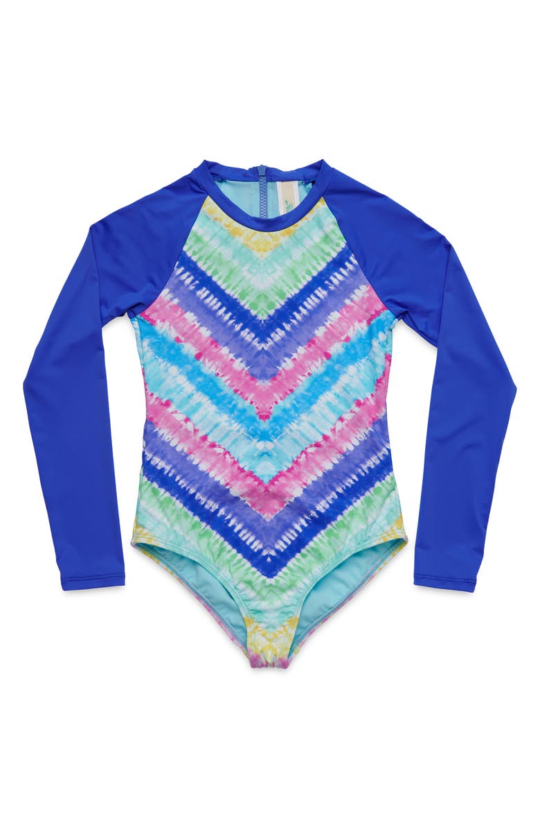 Hobie Kids' Chevron Tie Dye One-Piece Rashguard Swimsuit, Main, color, 