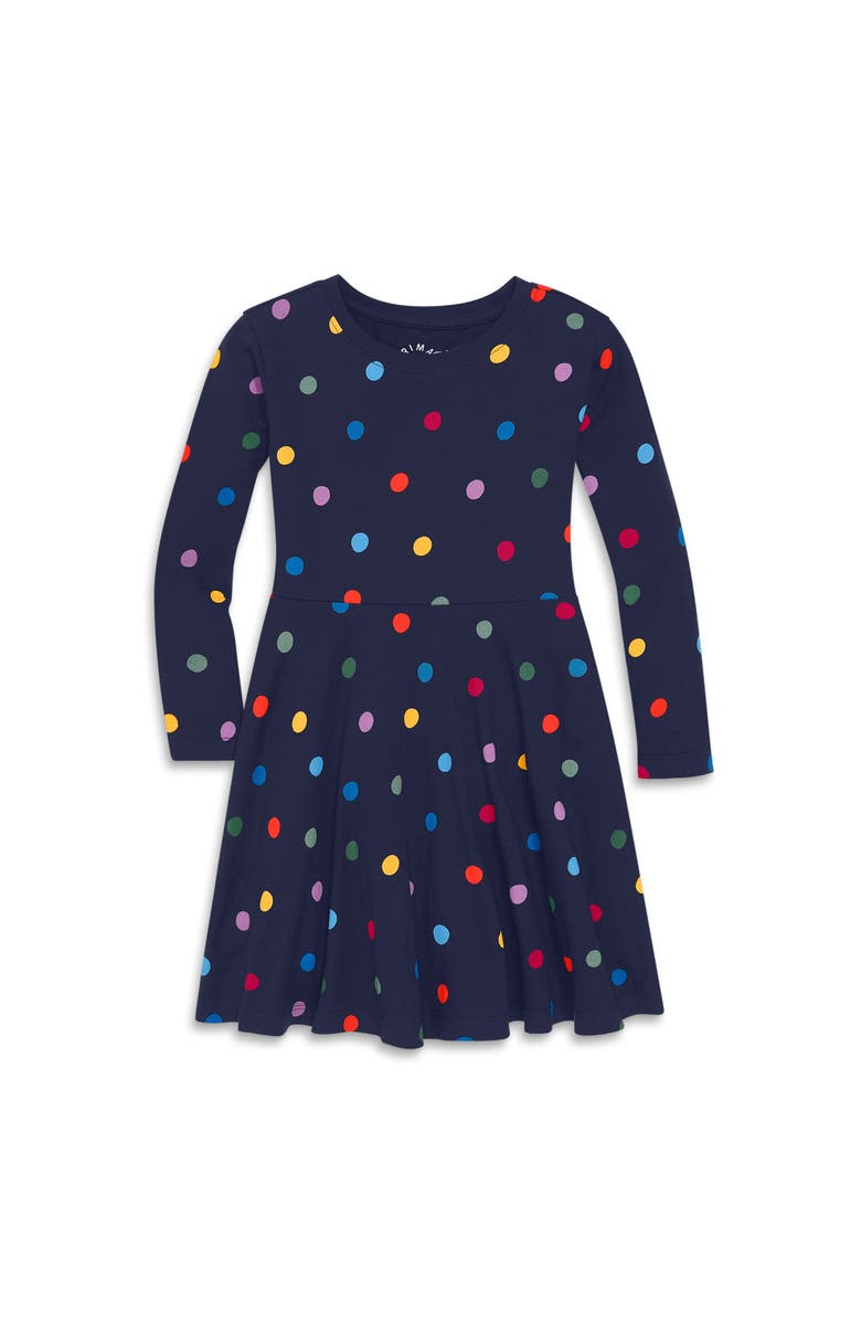 Primary Long Sleeve Twirly Dress In Confetti Dots, Main, color, Navy Confetti Dot