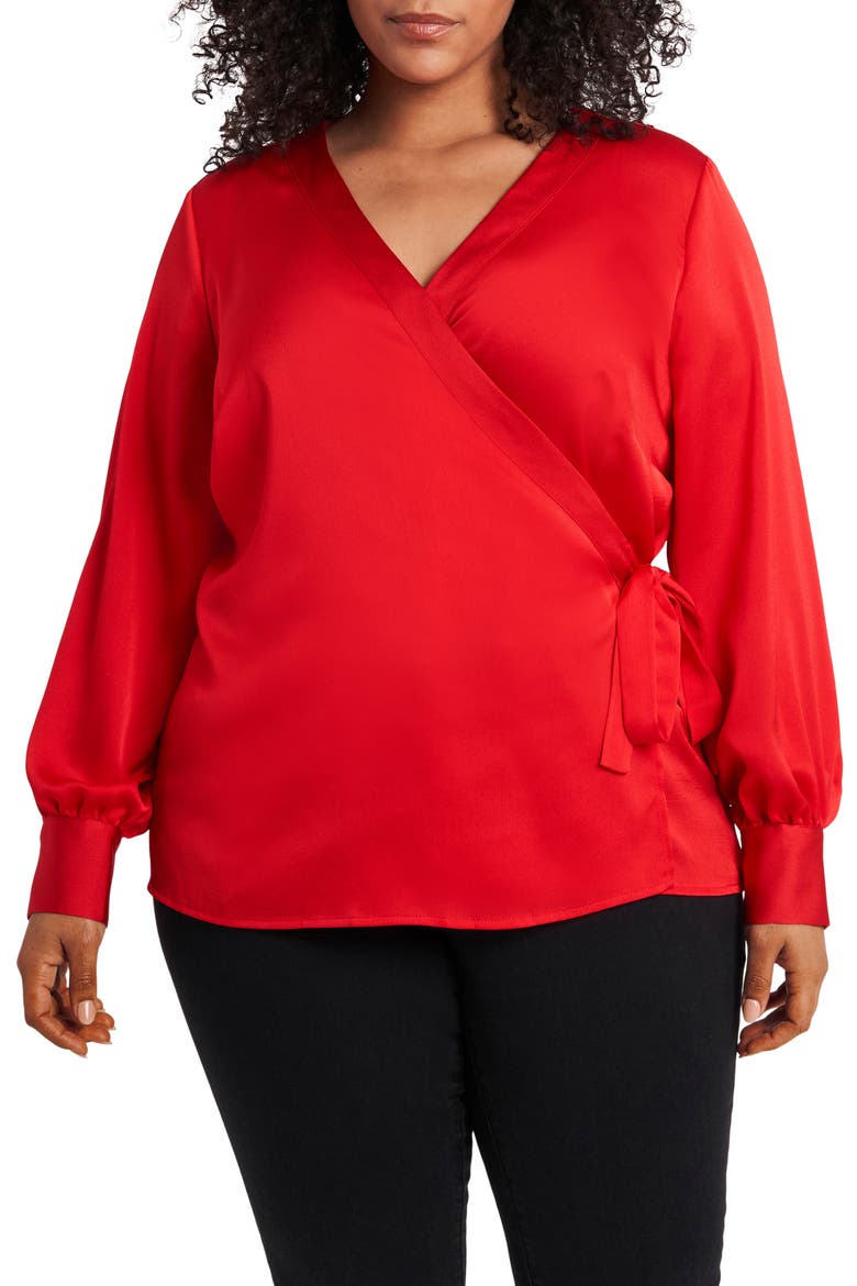 Wrap Front Long Sleeve Blouse, Main, color, ULTRA RED