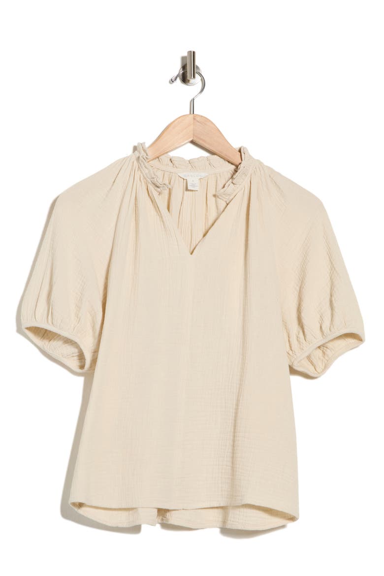 Split Neck Puff Sleeve Cotton Gauze Top, Alternate, color, BEIGE RAINY DAY