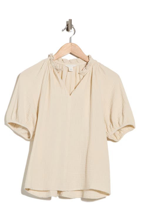 Split Neck Puff Sleeve Cotton Gauze Top