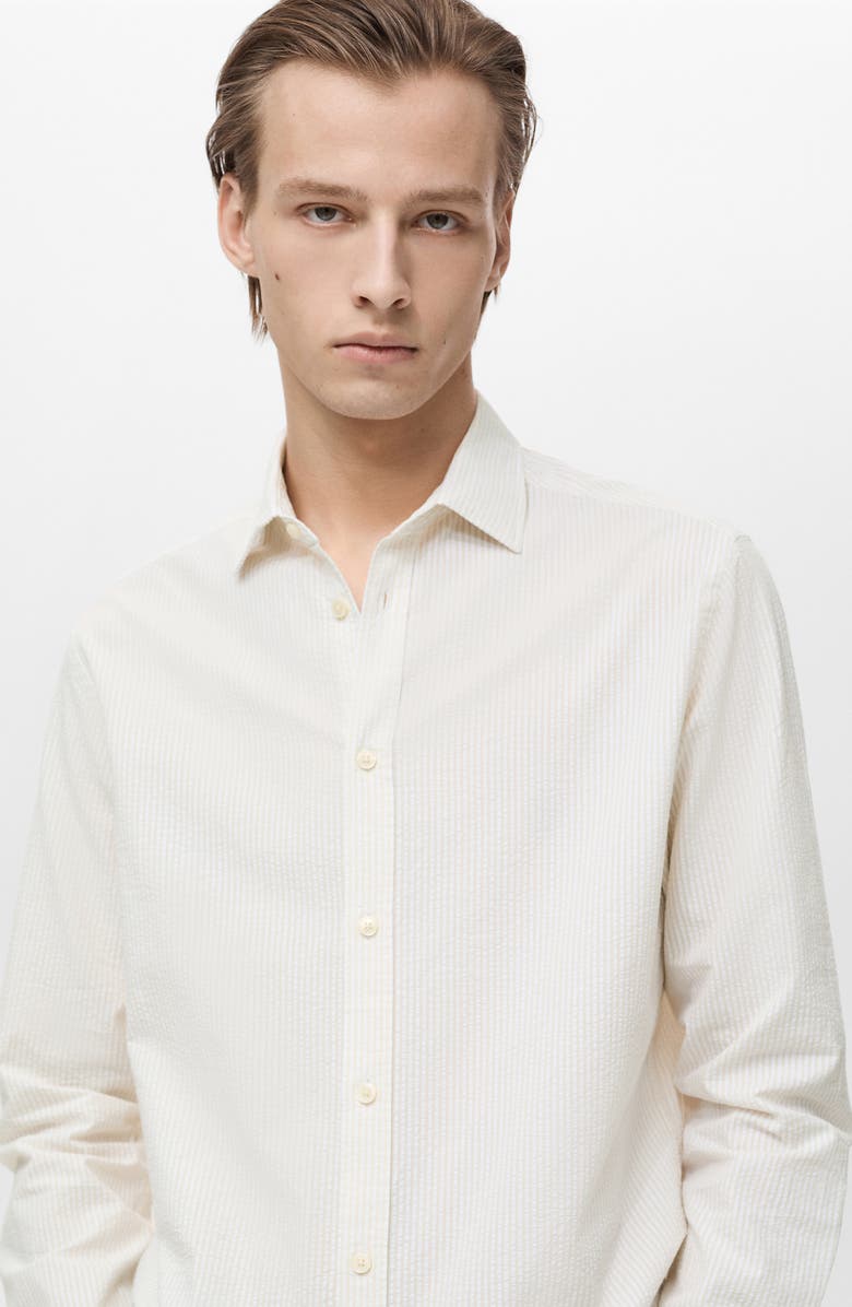 MANGO Regular Fit Stripe Seersucker Button-Up Shirt, Alternate, color, Sand