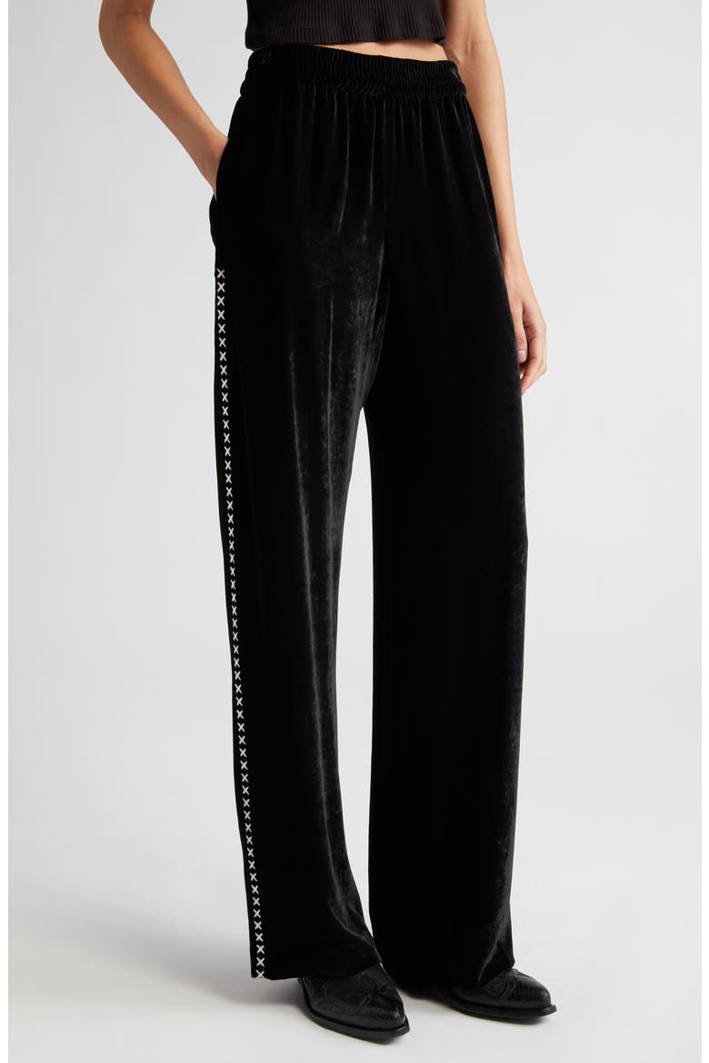Journey Embroidered Side Stripe Velvet Track Pants, Alternate, color, BLACK
