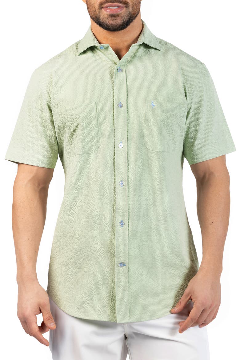 Seersucker Short Sleeve Button-Up Shirt, Main, color, SAGE