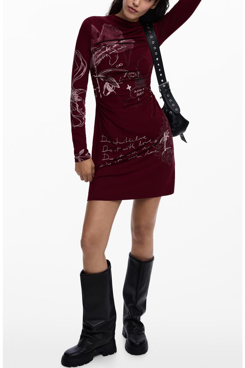 Allover Print Long Sleeve Minidress, Main, color, BURGUNDY