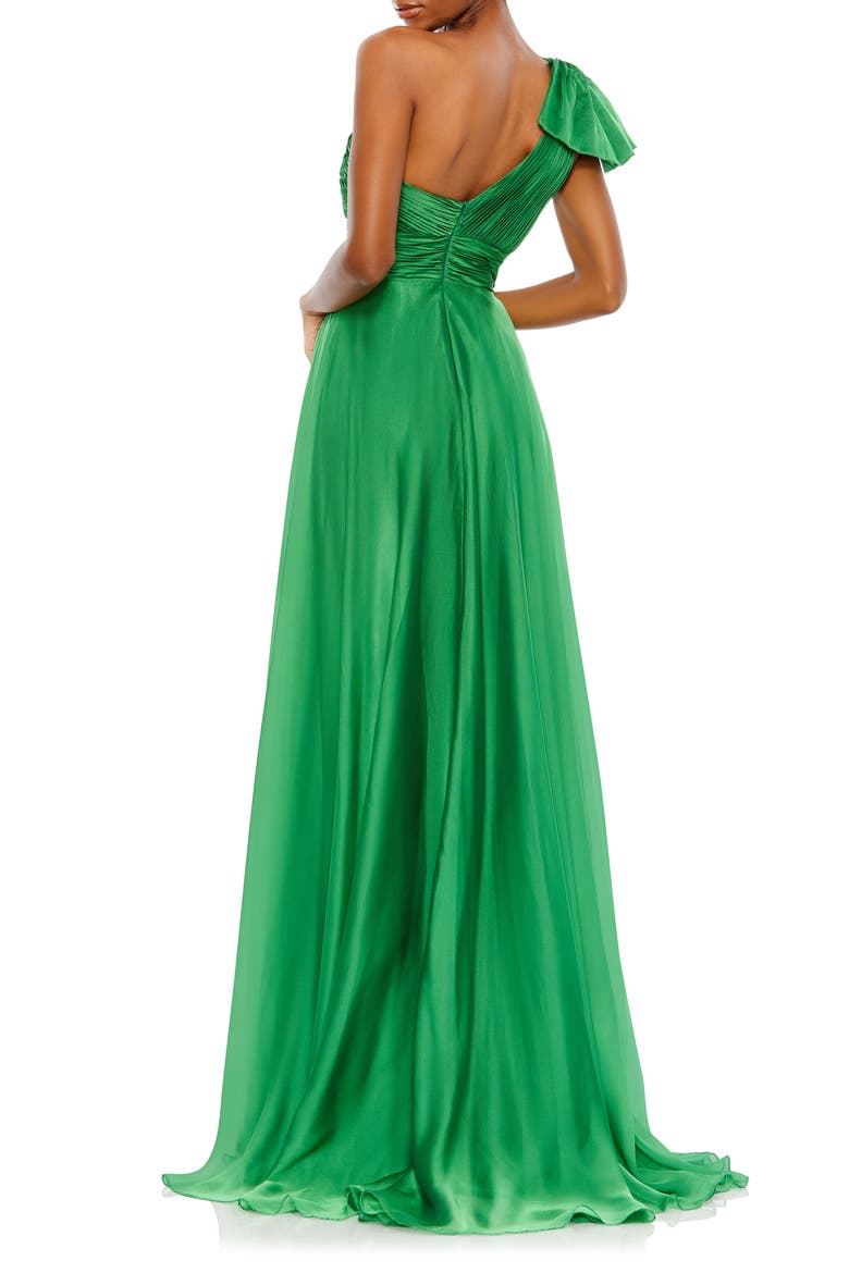 One Shoulder Pleated Chiffon Gown with Draped Waist and High Slit, Alternate, color, EMERALD