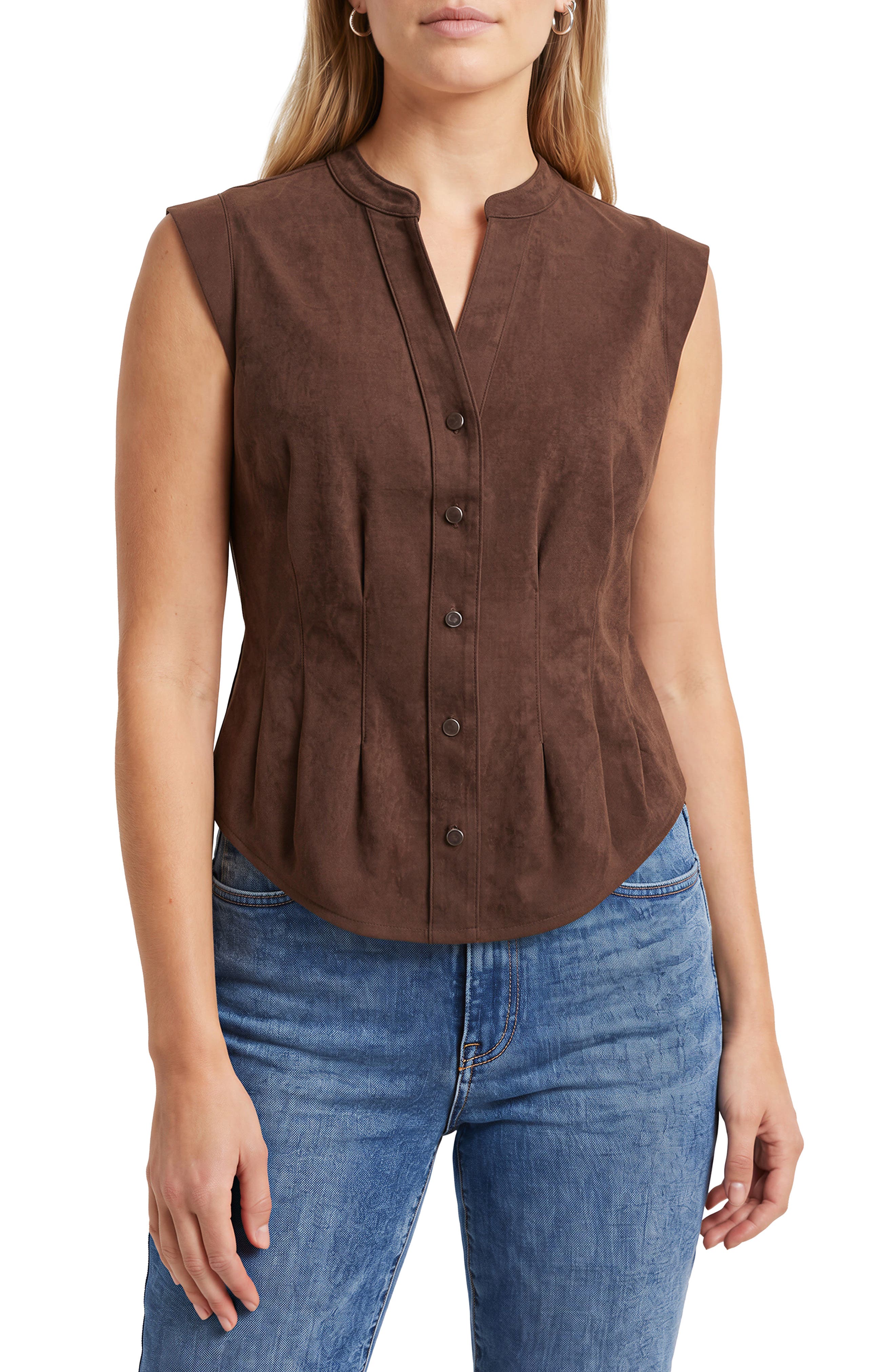 Faux Suede Sleeveless Fitted Waist Button-Up Shirt