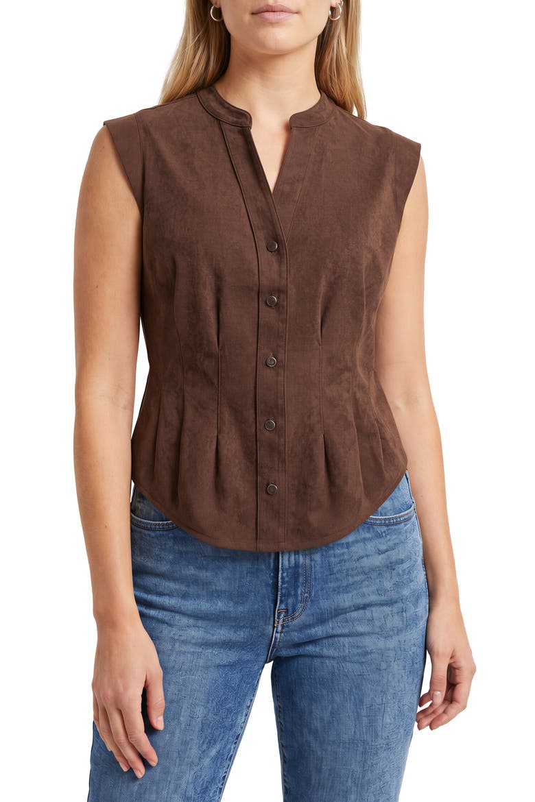 Faux Suede Sleeveless Fitted Waist Button-Up Shirt, Main, color, COCO DUST