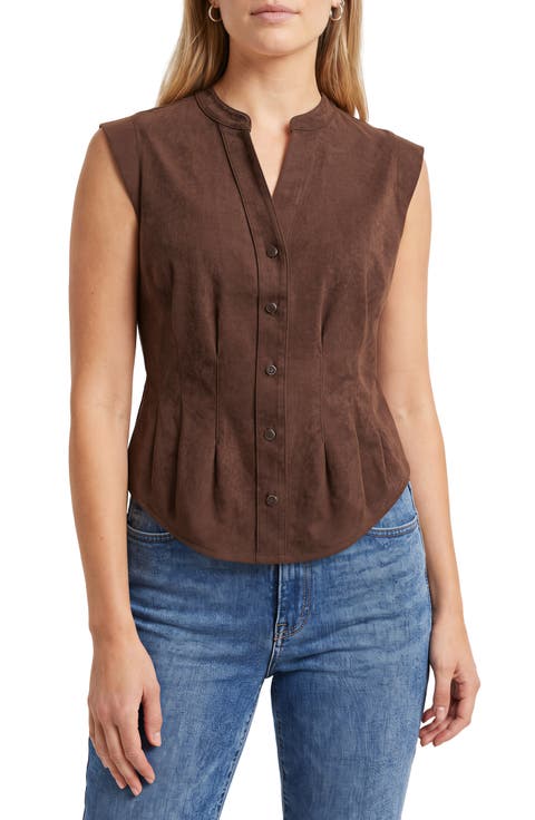 Faux Suede Sleeveless Fitted Waist Button-Up Shirt