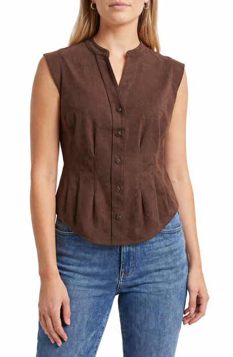 Faux Suede Sleeveless Fitted Waist Button-Up Shirt