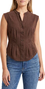 Bagatelle Faux Suede Sleeveless Fitted Waist Button-Up Shirt