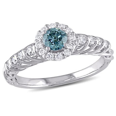 Blue & White Diamond Halo Ring 14k