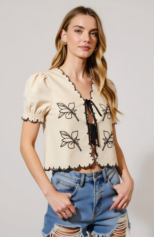 Modenaire Puff Sleeve Tie-front Blouse With Floral Embroidery And Eyelet Trim