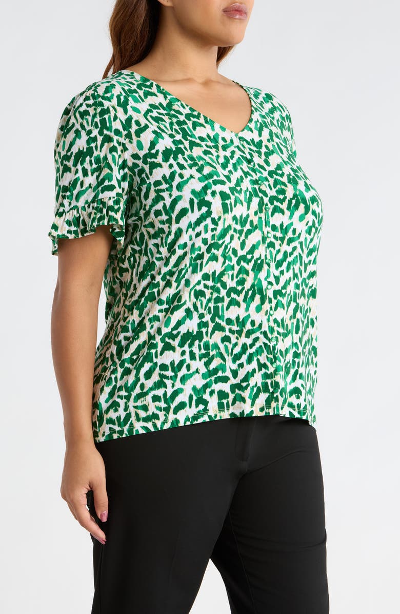 AK ANNE KLEIN Ruffle V-Neck Top, Alternate, color, Tropical Green Multi