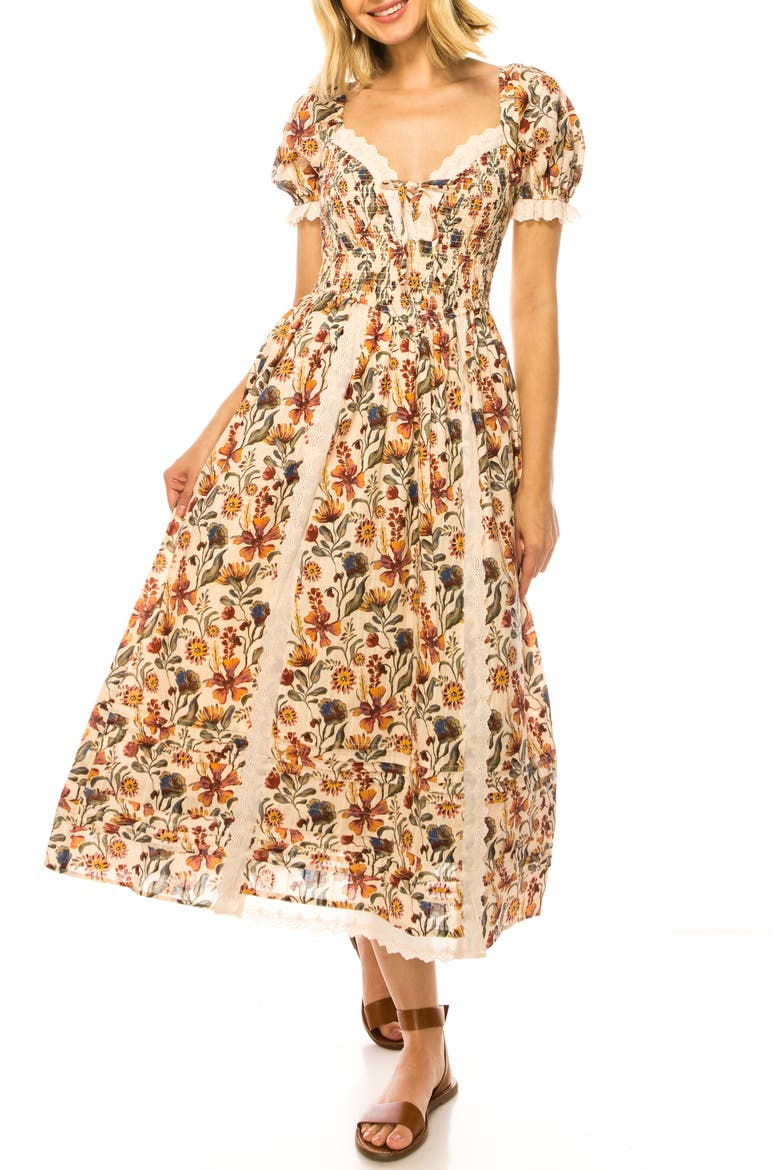 Floral Crochet Trim Midi Dress, Main, color, BEIGE BLUSH