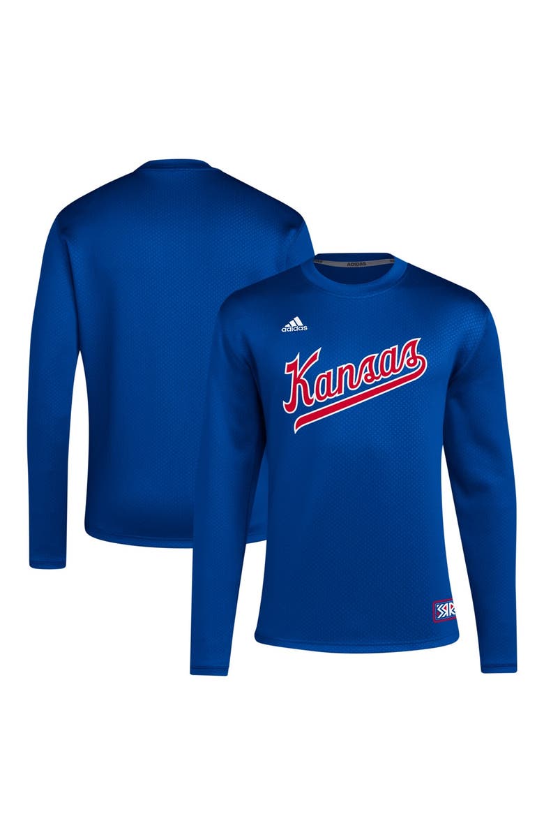 adidas Men's adidas Royal Kansas Jayhawks Reverse Retro Baseball Script Pullover Sweatshirt, Alternate, color,