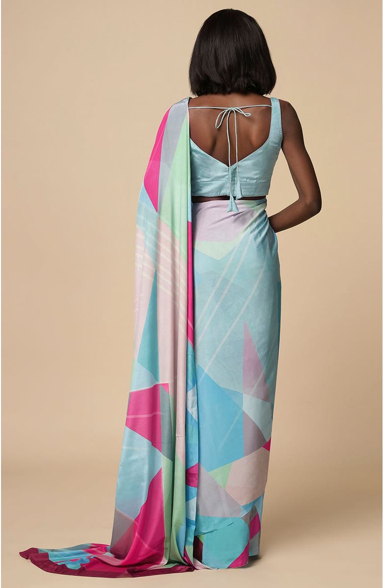 One Minute Saree<sup>®</sup> Kriss Turquoise Abstract Crepe Ready to wear One Minute Saree, Alternate, color, 