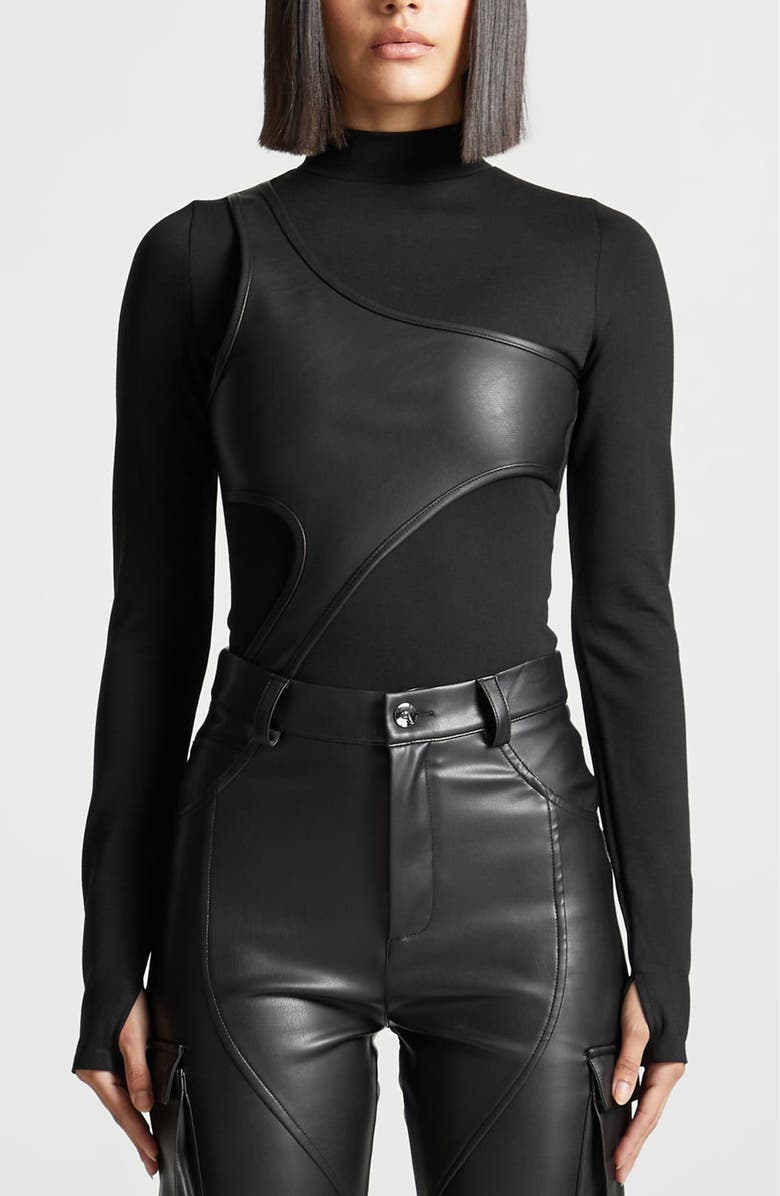 Manière De Voir Leather Overlay High Neck Bodysuit, Alternate, color, Black