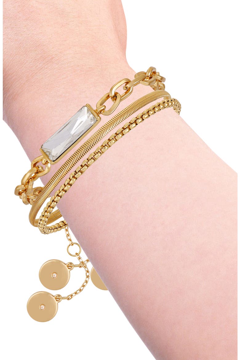 Set of 3 Baguette Crystal & Chain Bracelets, Alternate, color, GOLD TONE